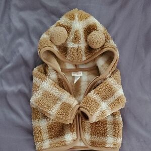 Plaid Sherpa Hoodie with Pom-Poms